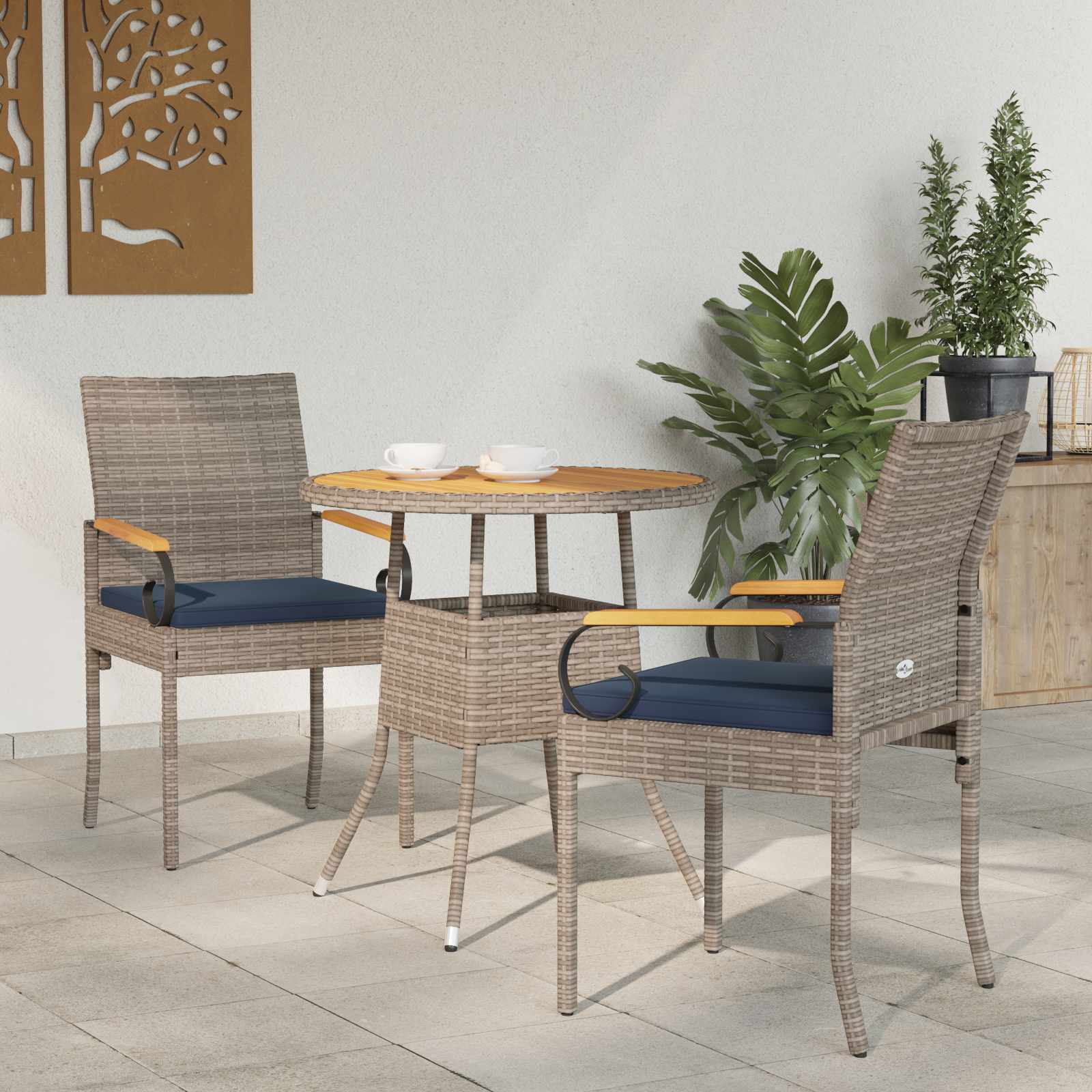 Gartenstühle 2 stk. Grau und Marineblau Poly-Rattan und Akazie
