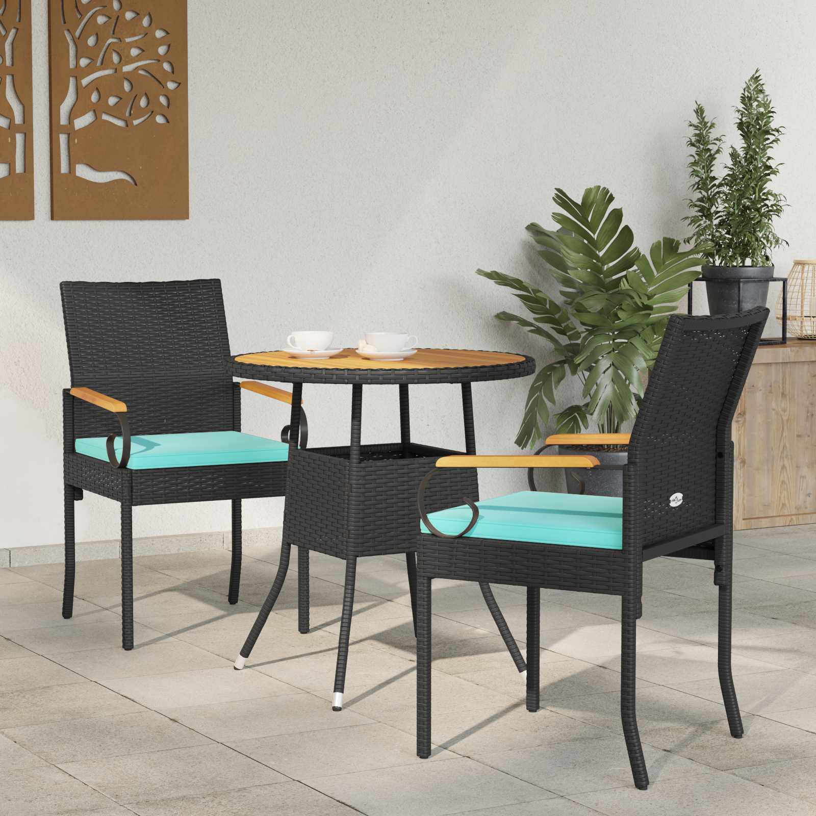 Gartenstühle 2 stk. Schwarz und Türkis Poly-Rattan und Akazie