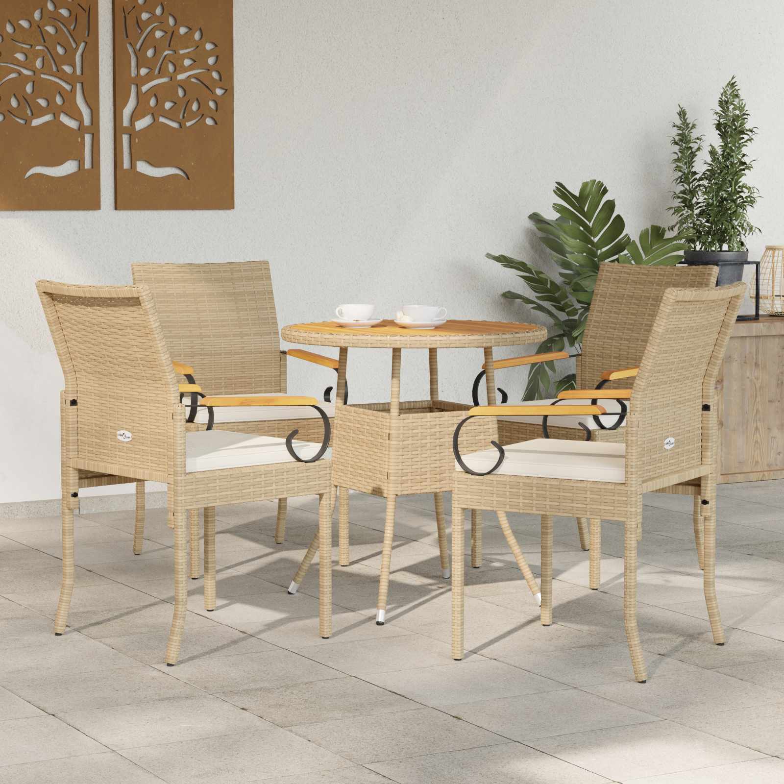 Gartenstühle 4 stk. Beige und Cremeweiß Poly-Rattan und Akazie
