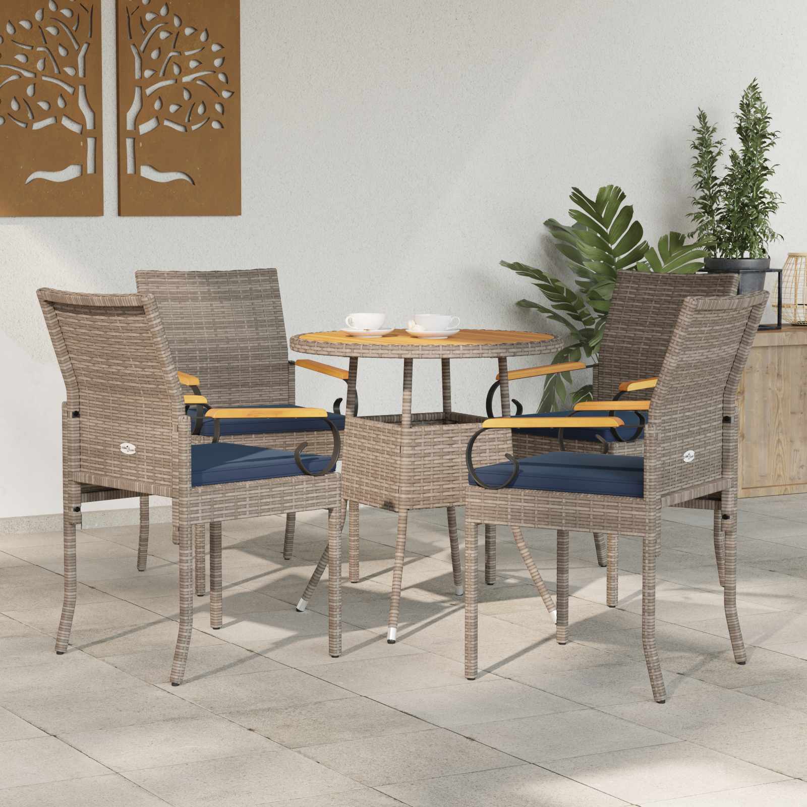 Gartenstühle 4 stk. Grau und Marineblau Poly-Rattan und Akazie