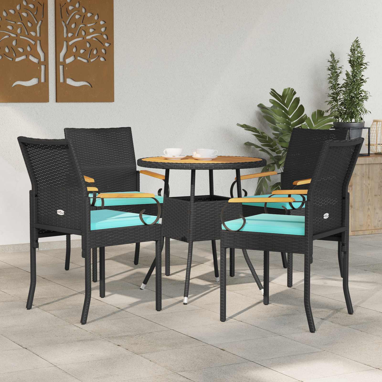 Gartenstühle 4 stk. Schwarz und Türkis Poly-Rattan und Akazie