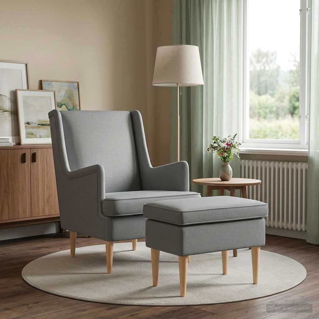 Sessel mit Fußhocker 2 stk. Hellgrau Stoff