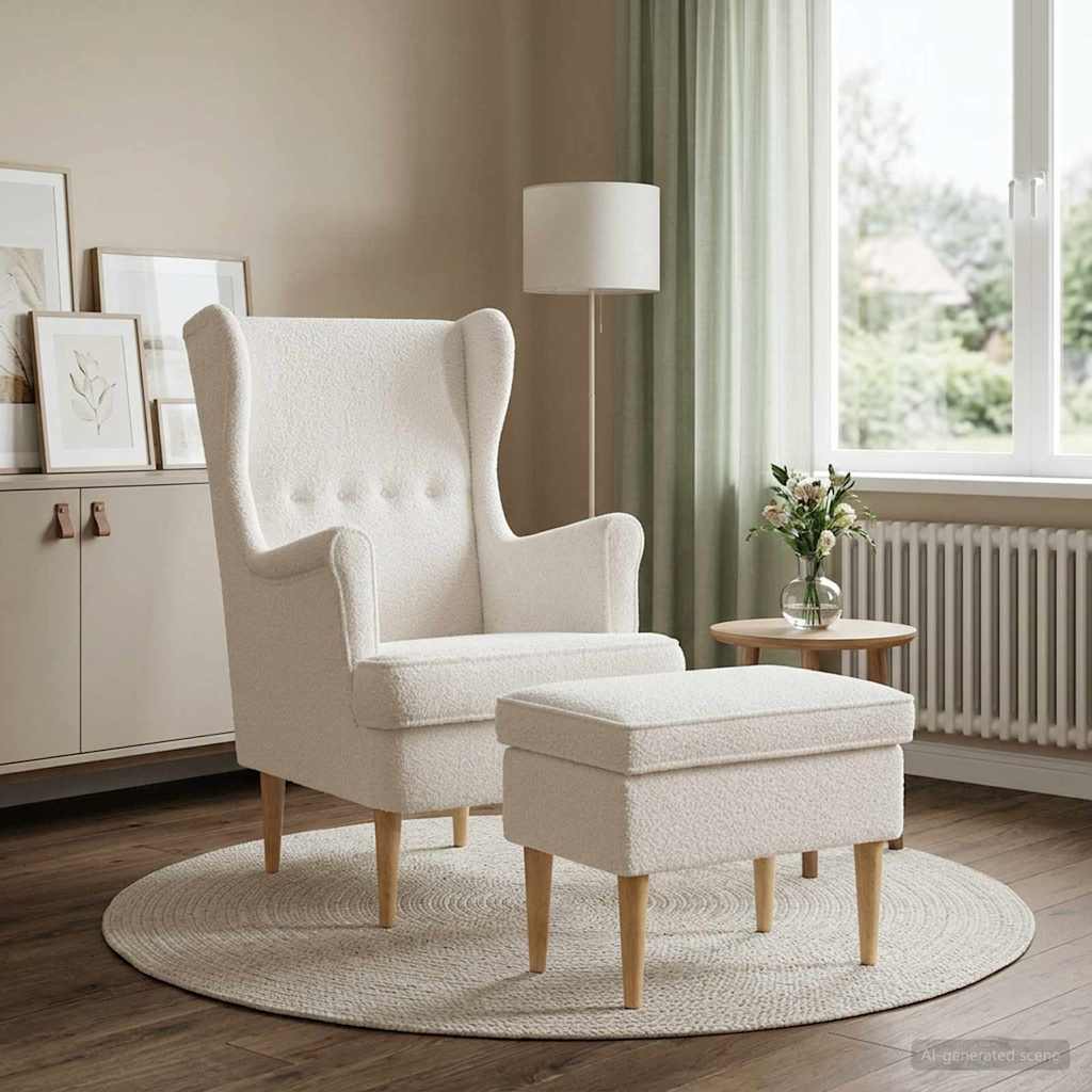 Sessel mit Fußhocker 2 stk. Creme Bouclé