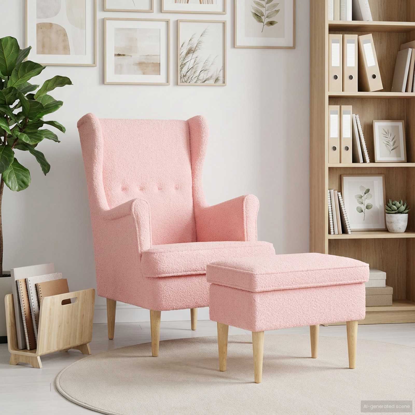 Sessel mit Fußhocker 2 stk. Rosa Bouclé
