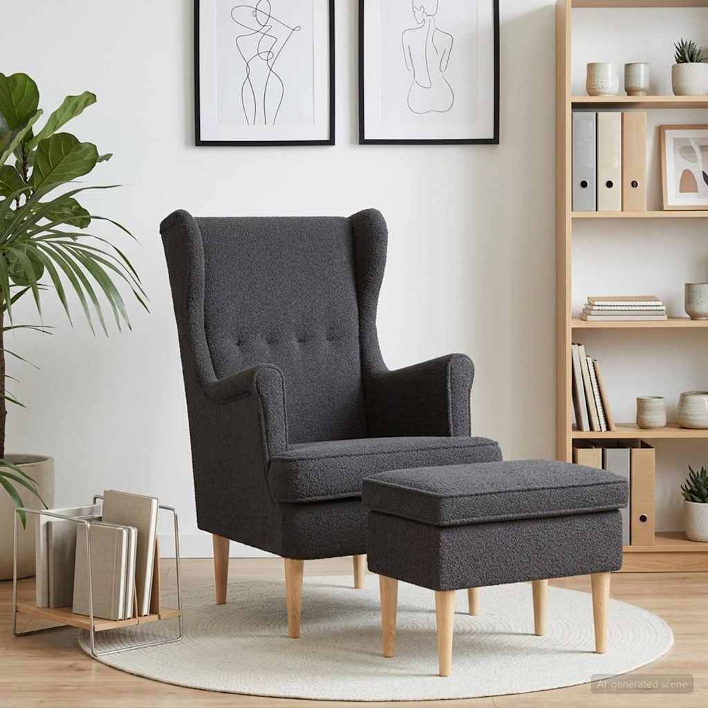 Sessel mit Fußhocker 2 stk. Dunkelgrau Bouclé