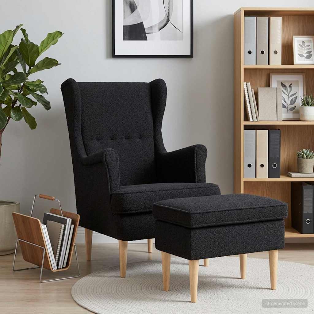Sessel mit Fußhocker 2 stk. Schwarz Bouclé