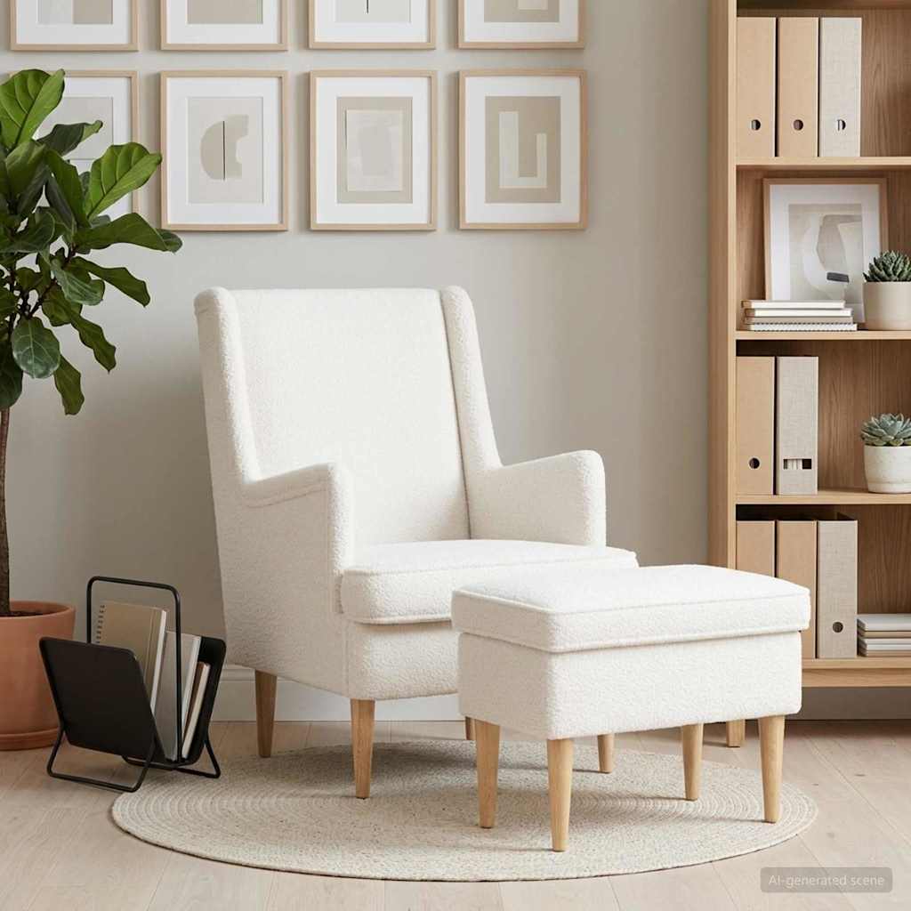 Sessel mit Fußhocker 2 stk. Creme Bouclé