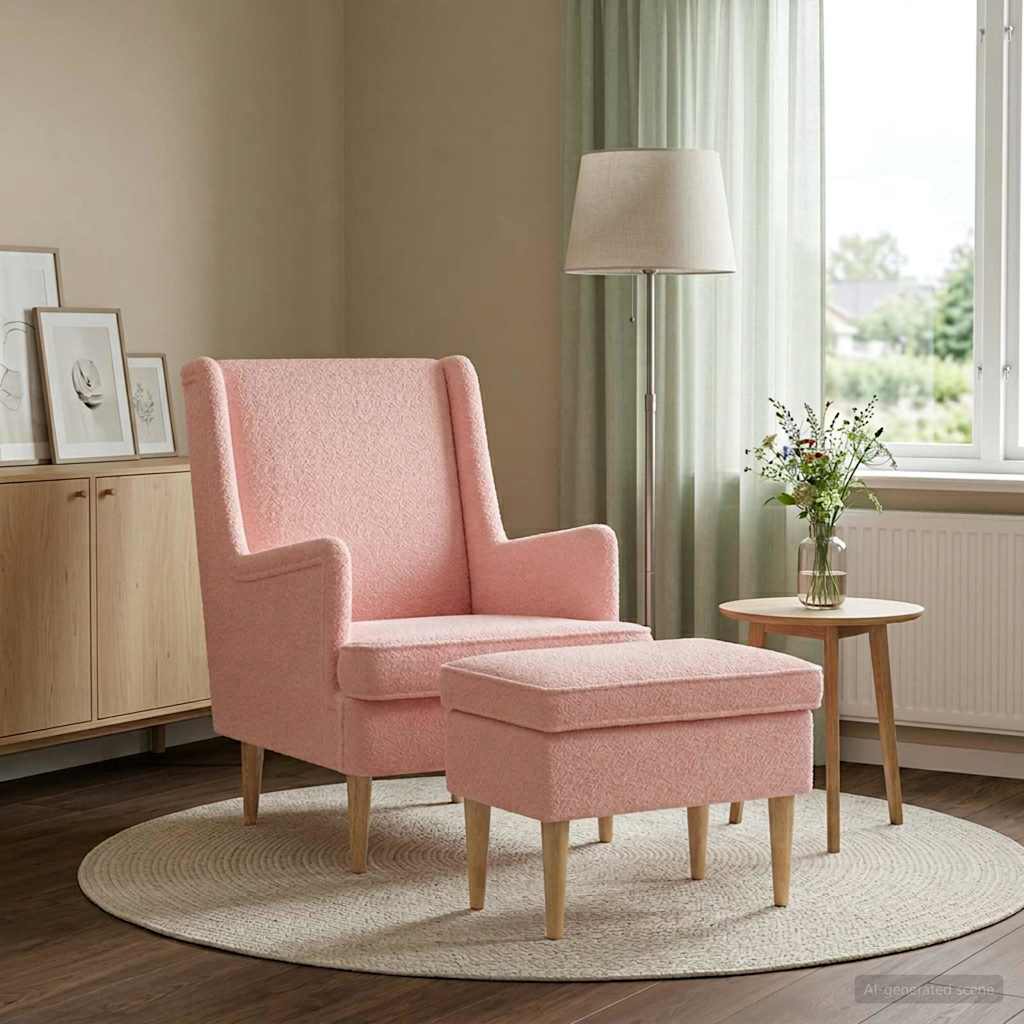 Sessel mit Fußhocker 2 stk. Rosa Bouclé