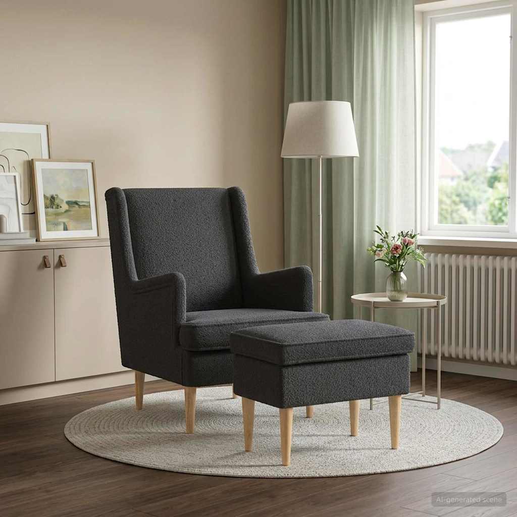 Sessel mit Fußhocker 2 stk. Dunkelgrau Bouclé