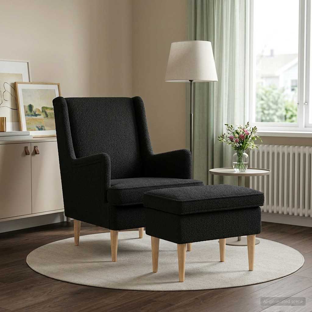 Sessel mit Fußhocker 2 stk. Schwarz Bouclé