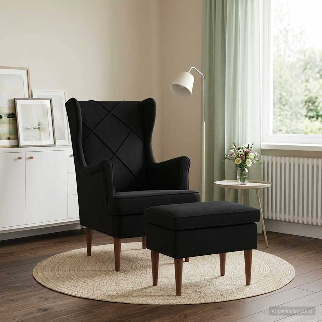 Sessel mit Fußhocker 2 stk. Schwarz Samt