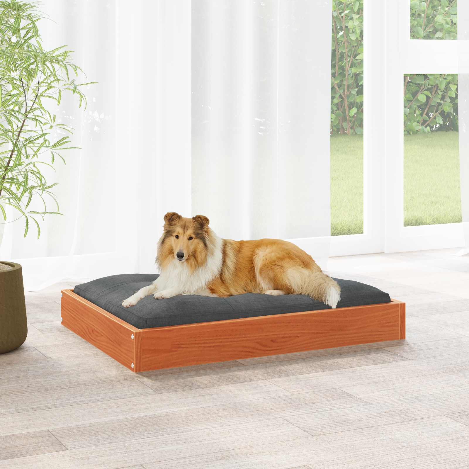 Hundebett 101,5 x 74 x 9 cm Massivholz Kiefer Wachsbraun