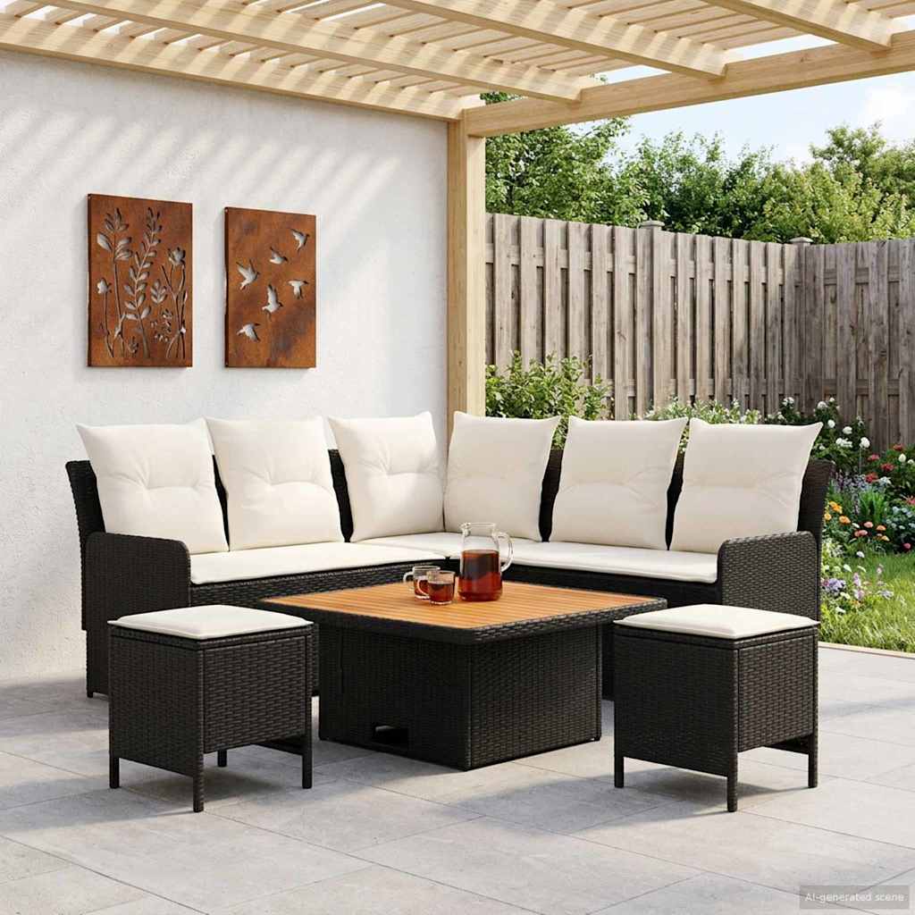 Möbelsets 6 stk. Schwarz und Creme PE-Rattan