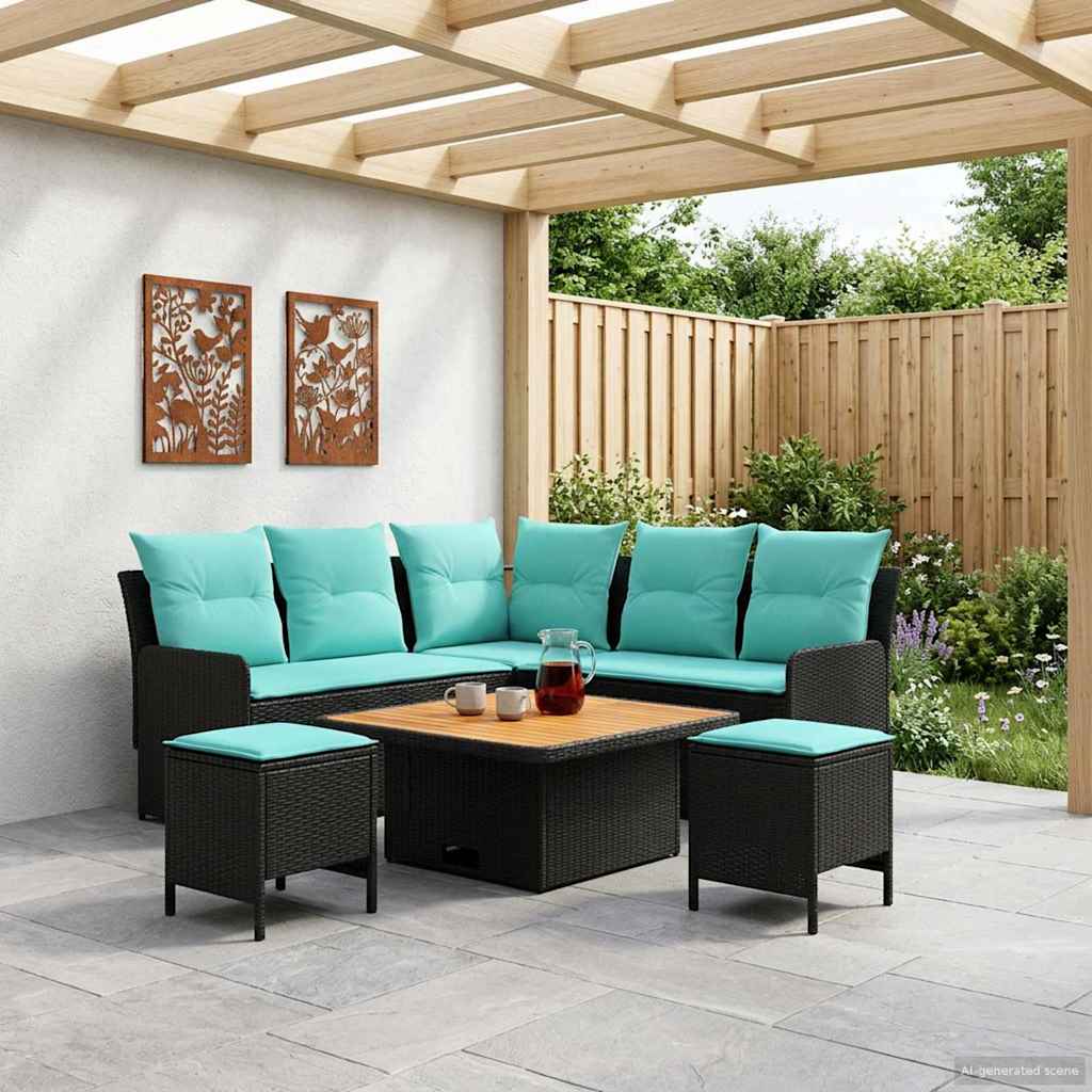 Möbelsets 6 stk. Schwarz und Türkis PE-Rattan