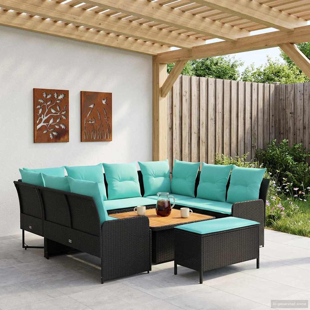 Möbelsets 7 stk. Schwarz und Türkis PE-Rattan