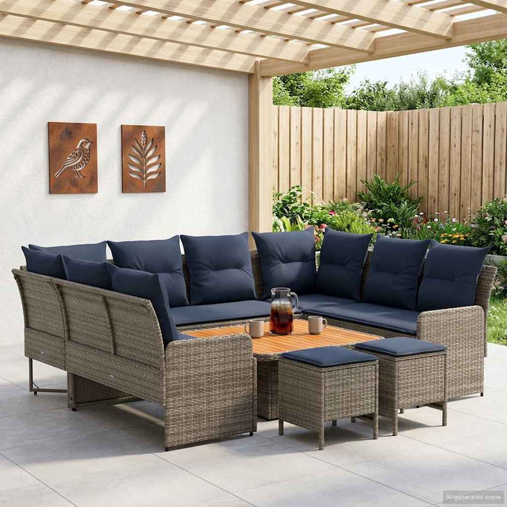 Möbelsets 8 stk. Grau und Marineblau PE-Rattan