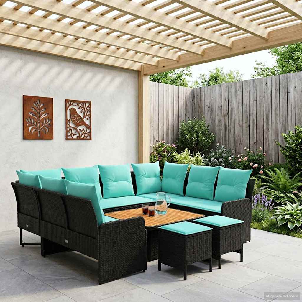 Möbelsets 8 stk. Schwarz und Türkis PE-Rattan