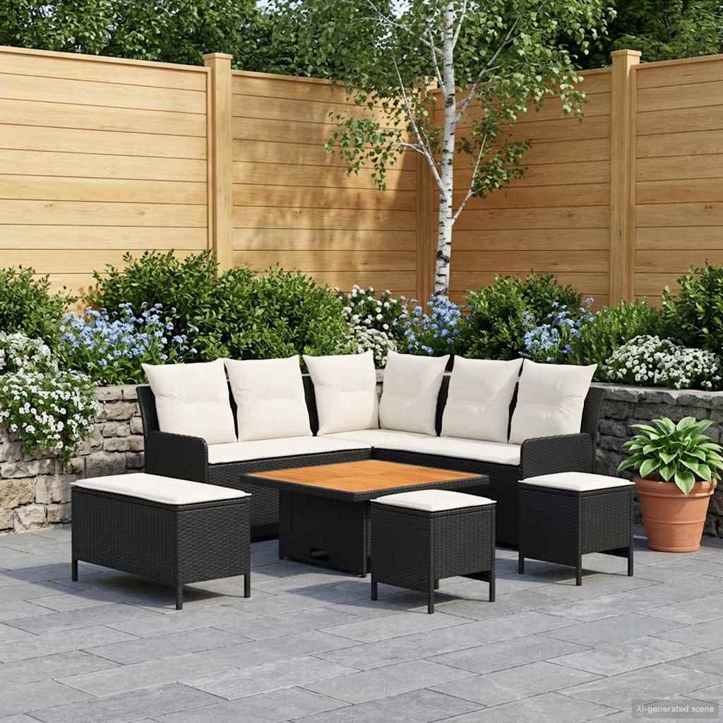 Möbelsets 7 stk. Schwarz und Creme PE-Rattan