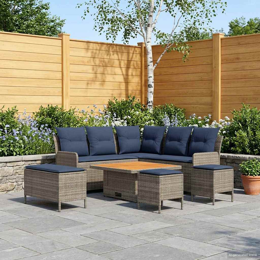Möbelsets 7 stk. Grau und Marineblau PE-Rattan