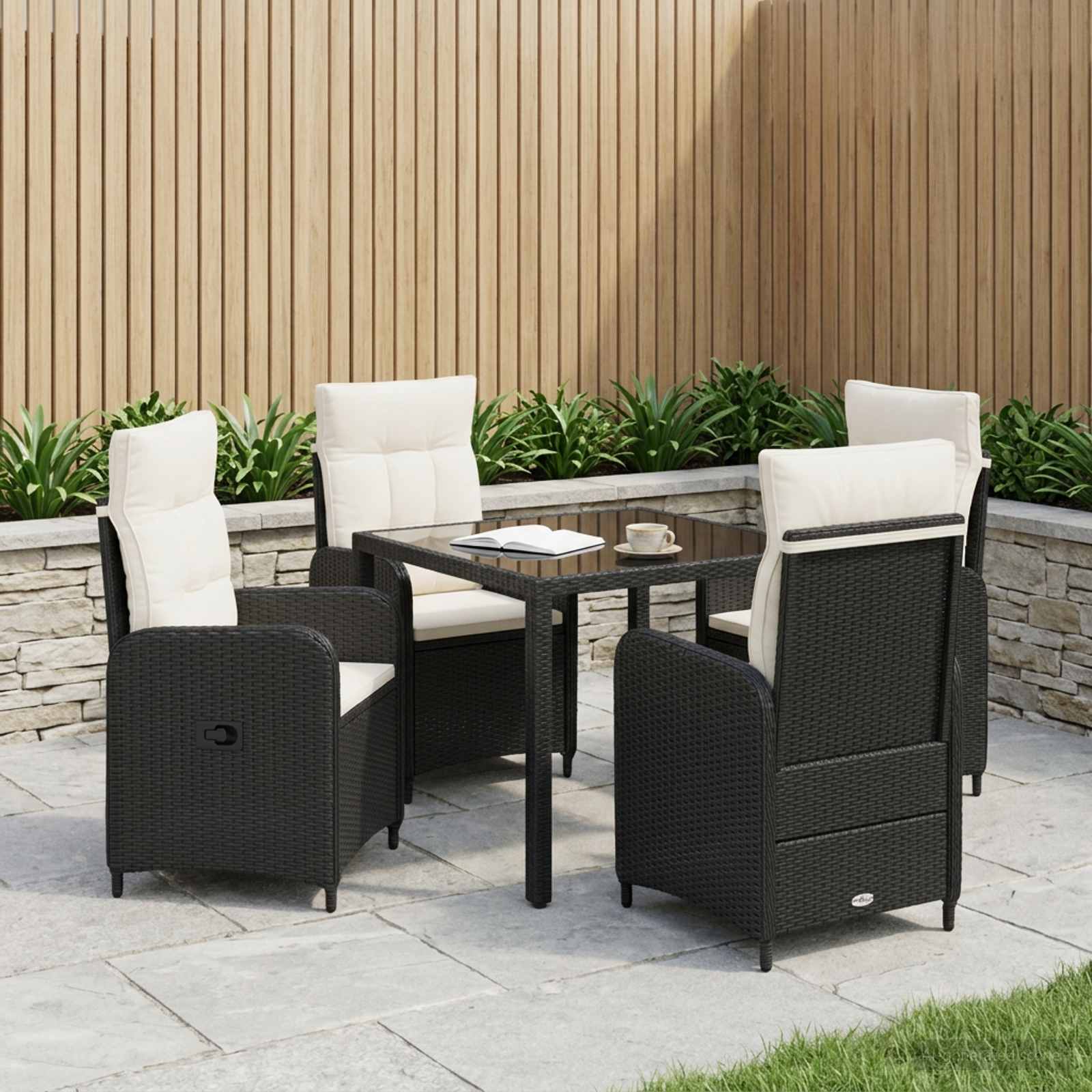 Outdoortisch-Set 5 stk. Schwarz und Cremeweiß Poly-Rattan