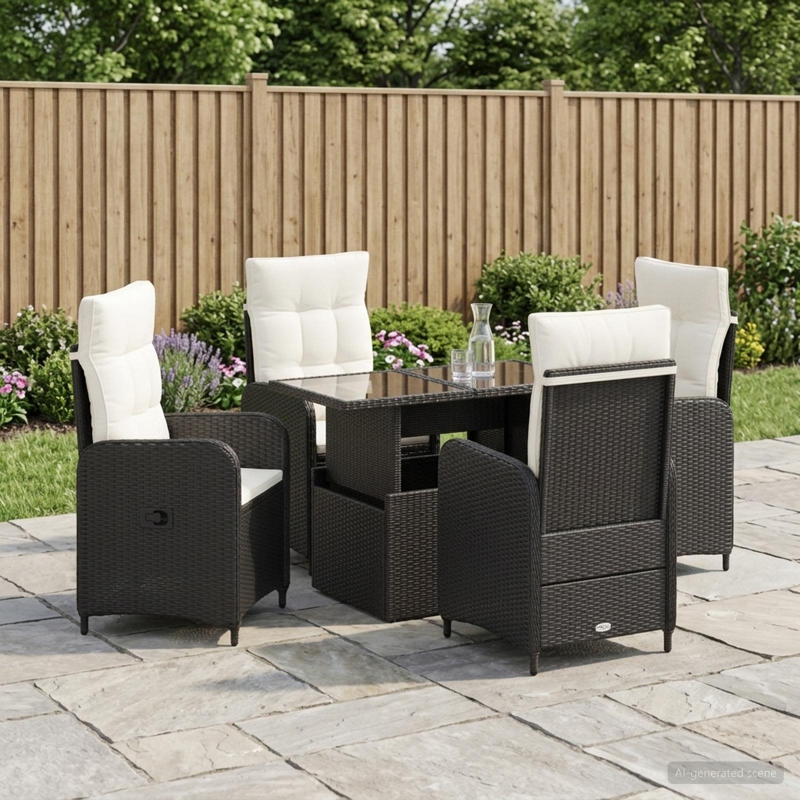 Outdoortisch-Set 5 stk. Schwarz und Cremeweiß Poly-Rattan