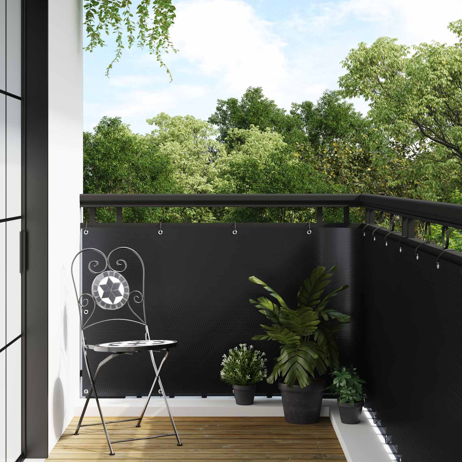 Balkonsichtschutz mit Ösen 300 x 80 cm Poly-Rattan Schwarz
