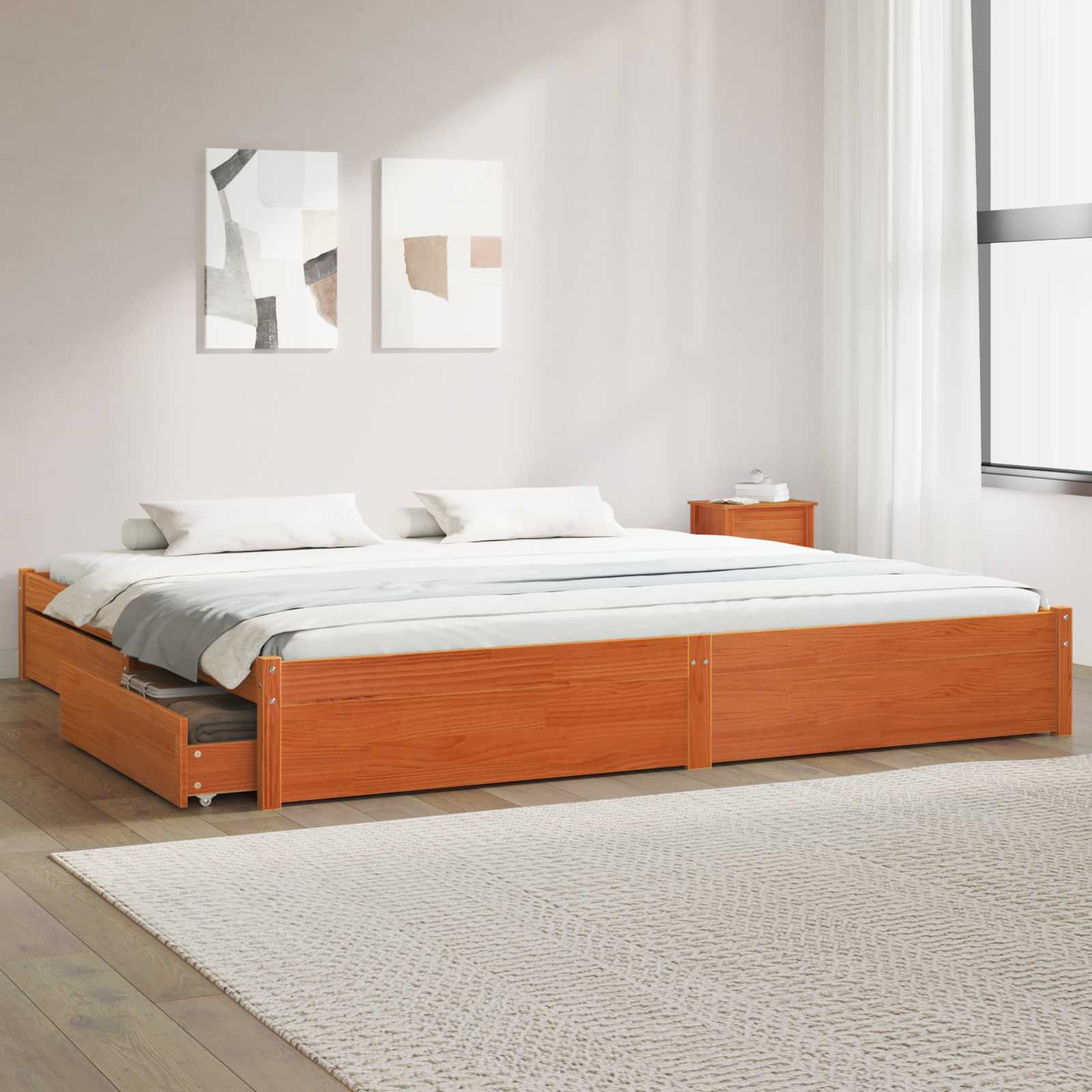 Bettrahmen Mit Rad Wachsbraun 180 x 200 cm Massivholz Kiefer