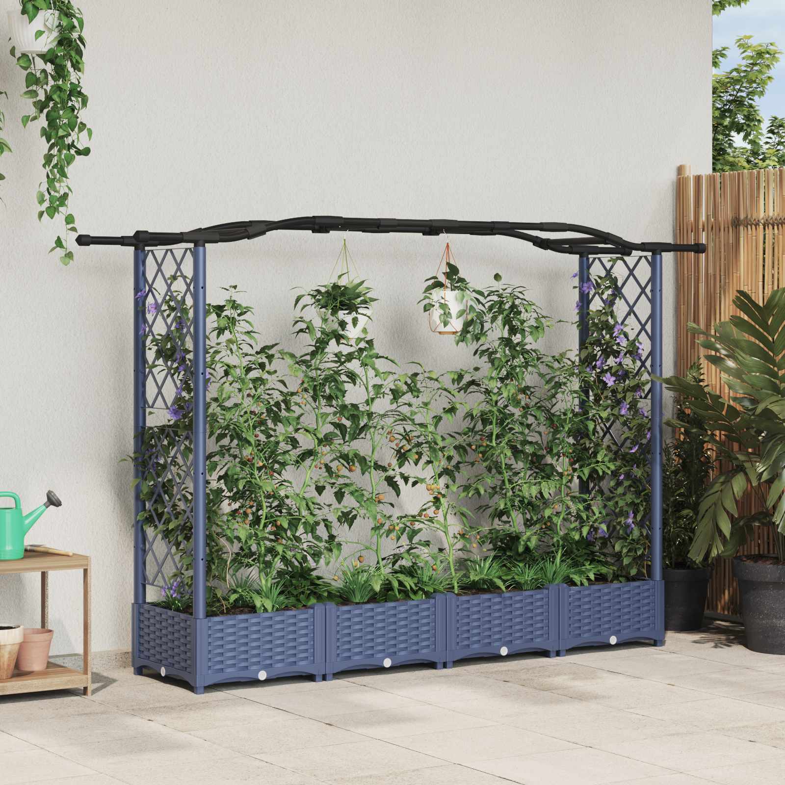 Hochbeet mit Rankgitter und Dach Grau 207 x 40 x 123 cm PP