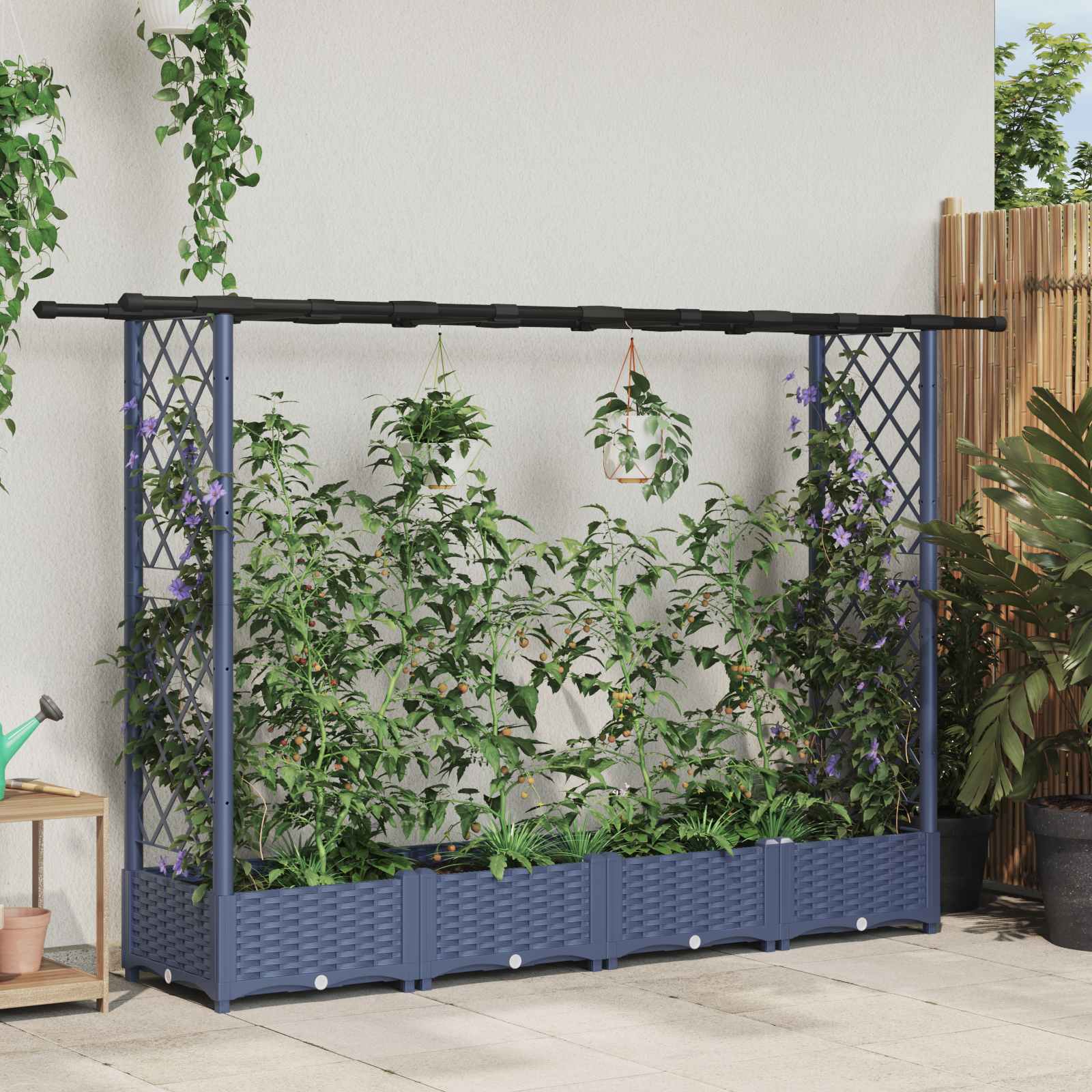 Hochbeet mit Rankgitter und Dach Grau 203 x 40 x 121 cm PP