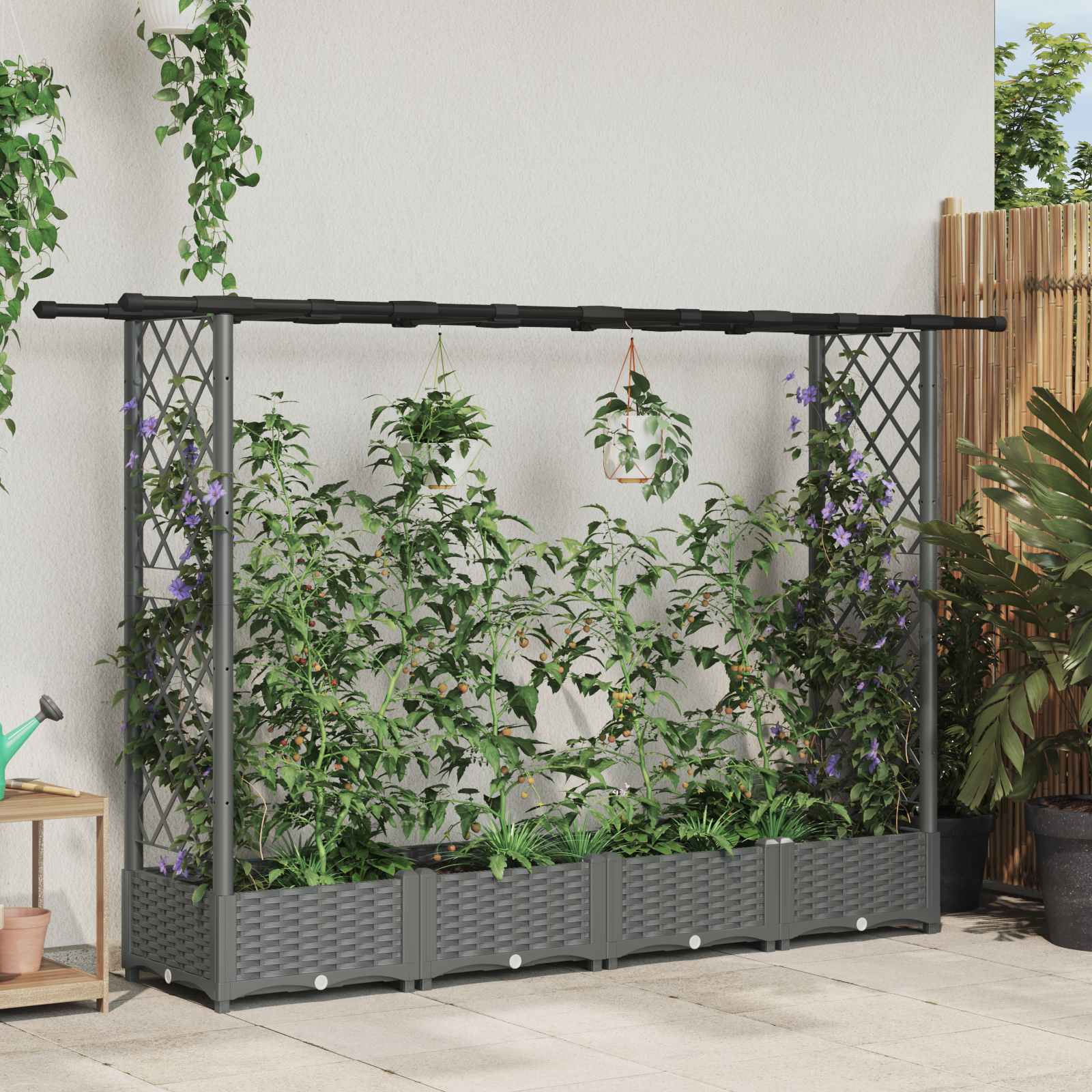Hochbeet mit Rankgitter und Dach Hellgrau 203 x 40 x 121 cm PP