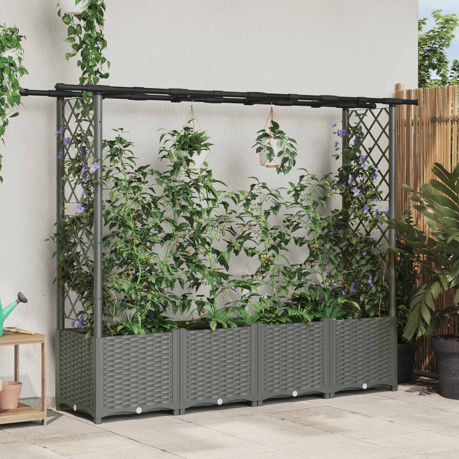 Hochbeet mit Rankgitter und Dach Hellgrau 203 x 40 x 136 cm PP