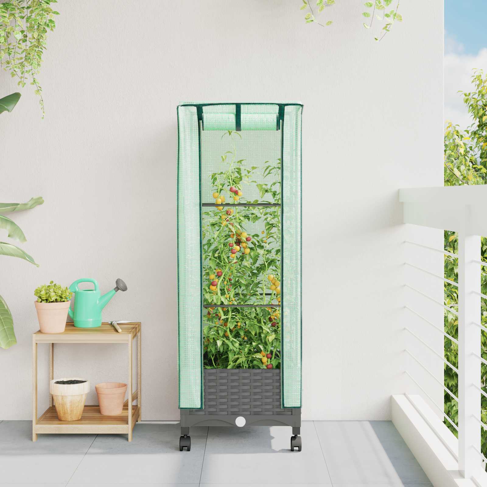 Gartenplanter mit Gewächshausabdeckung und Rädern Hellgrau PP