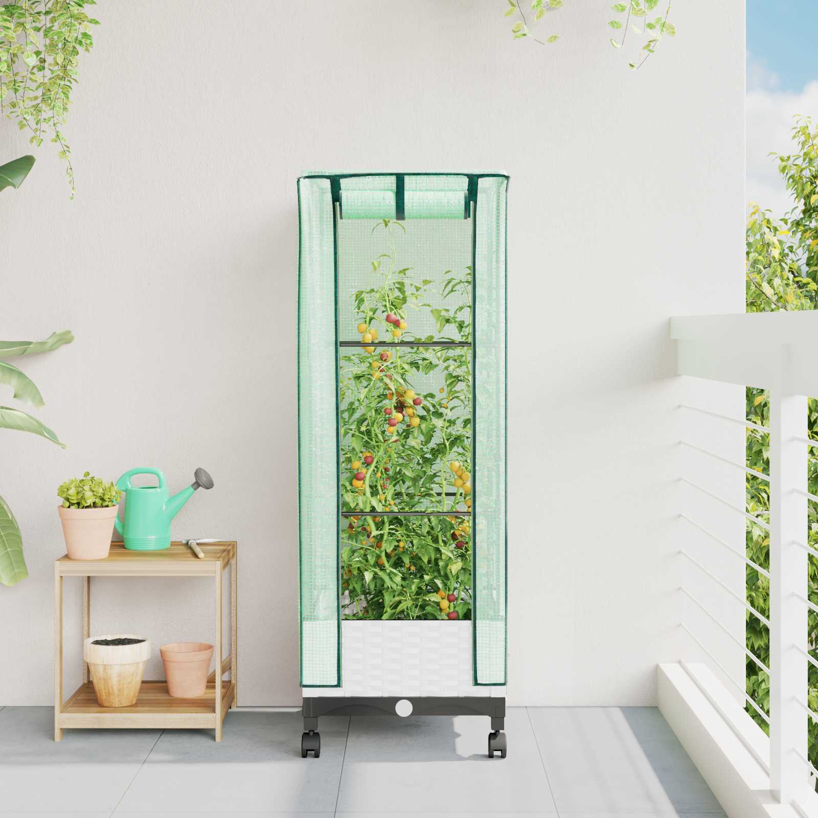 Gartenplanter mit Gewächshausabdeckung und Rädern Weiß PP
