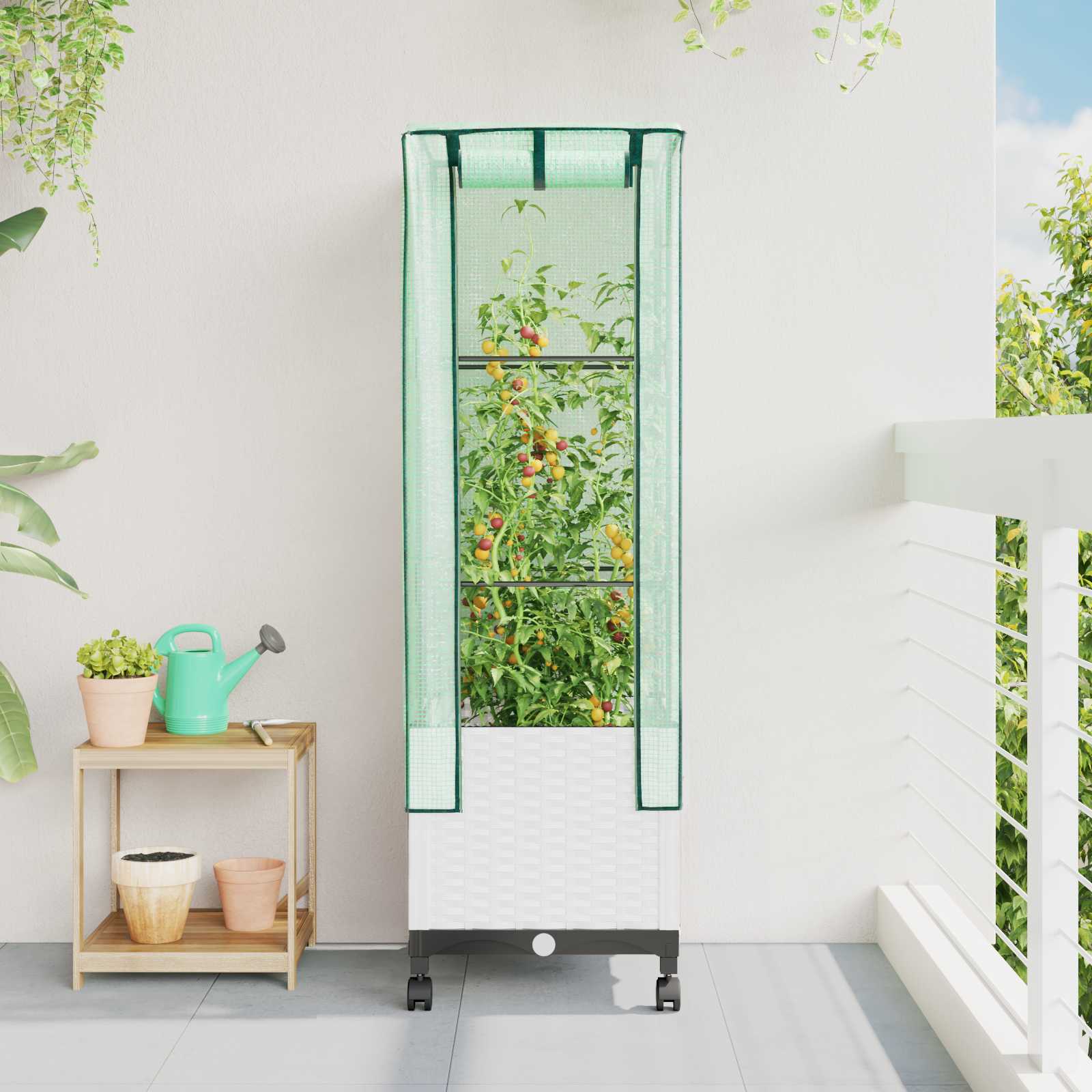 Gartenplanter mit Gewächshausabdeckung und Rädern Weiß PP