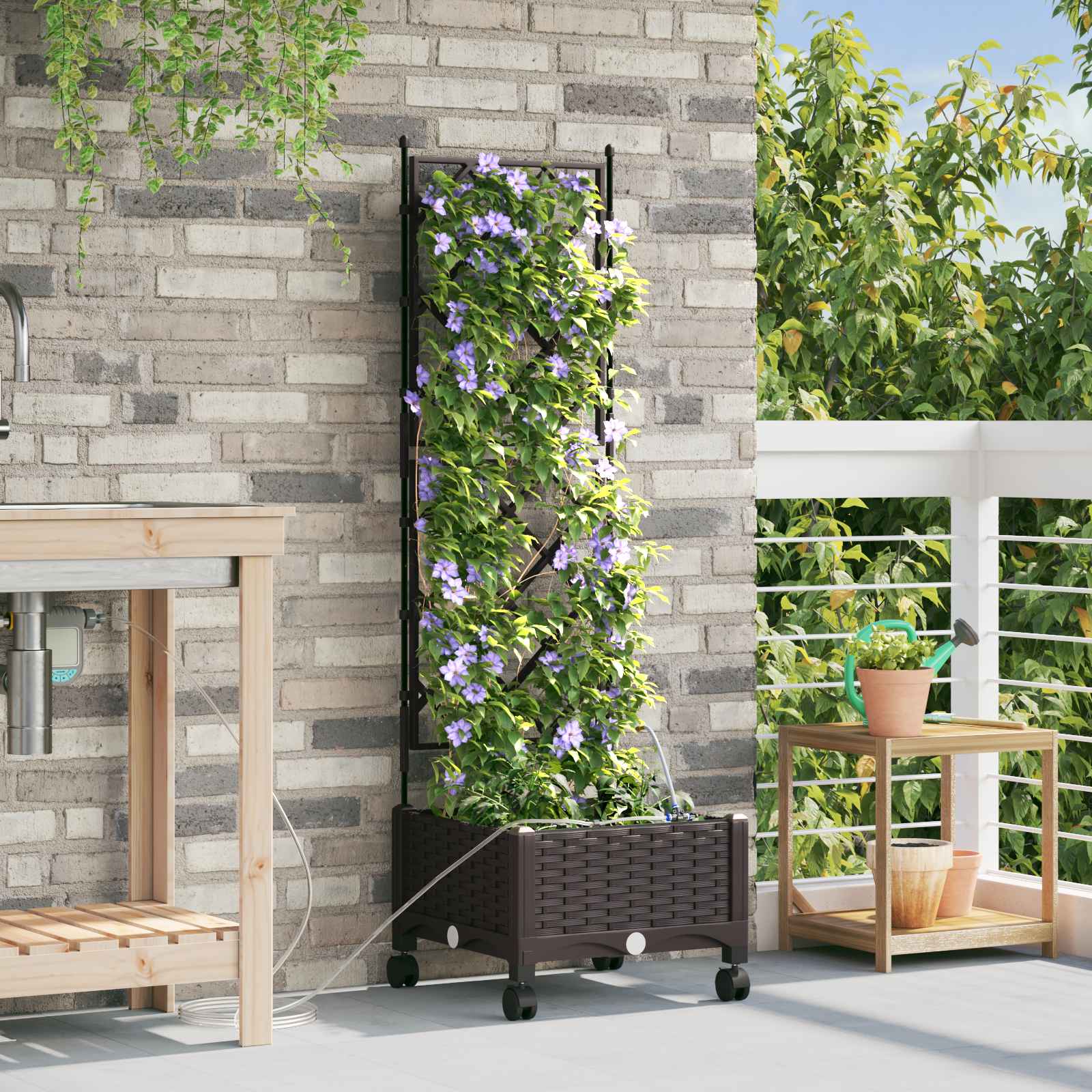 Garten Blumenkübel mit Bewässerung und Rädern Braun PP