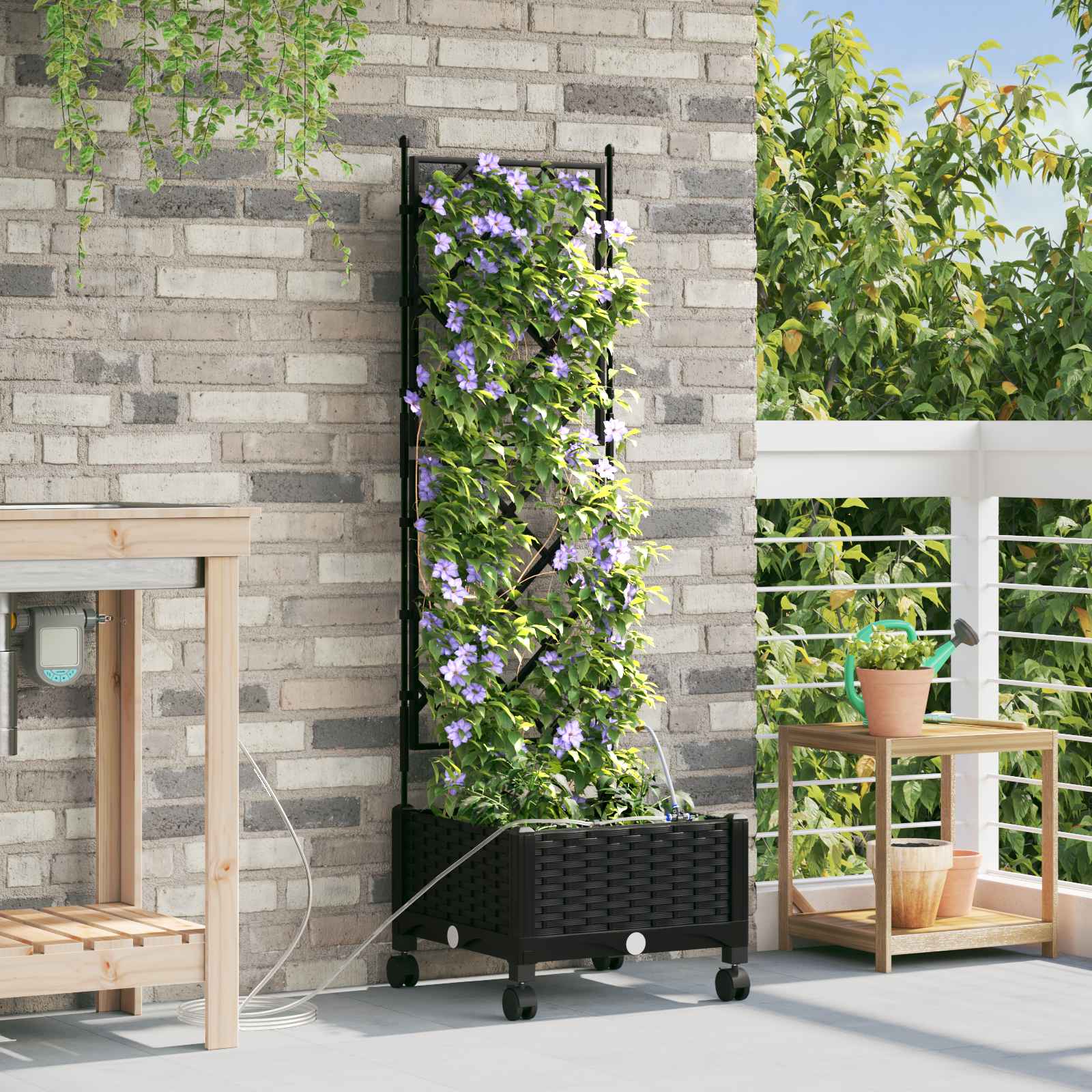 Garten Blumenkübel mit Bewässerung und Rädern Schwarz PP