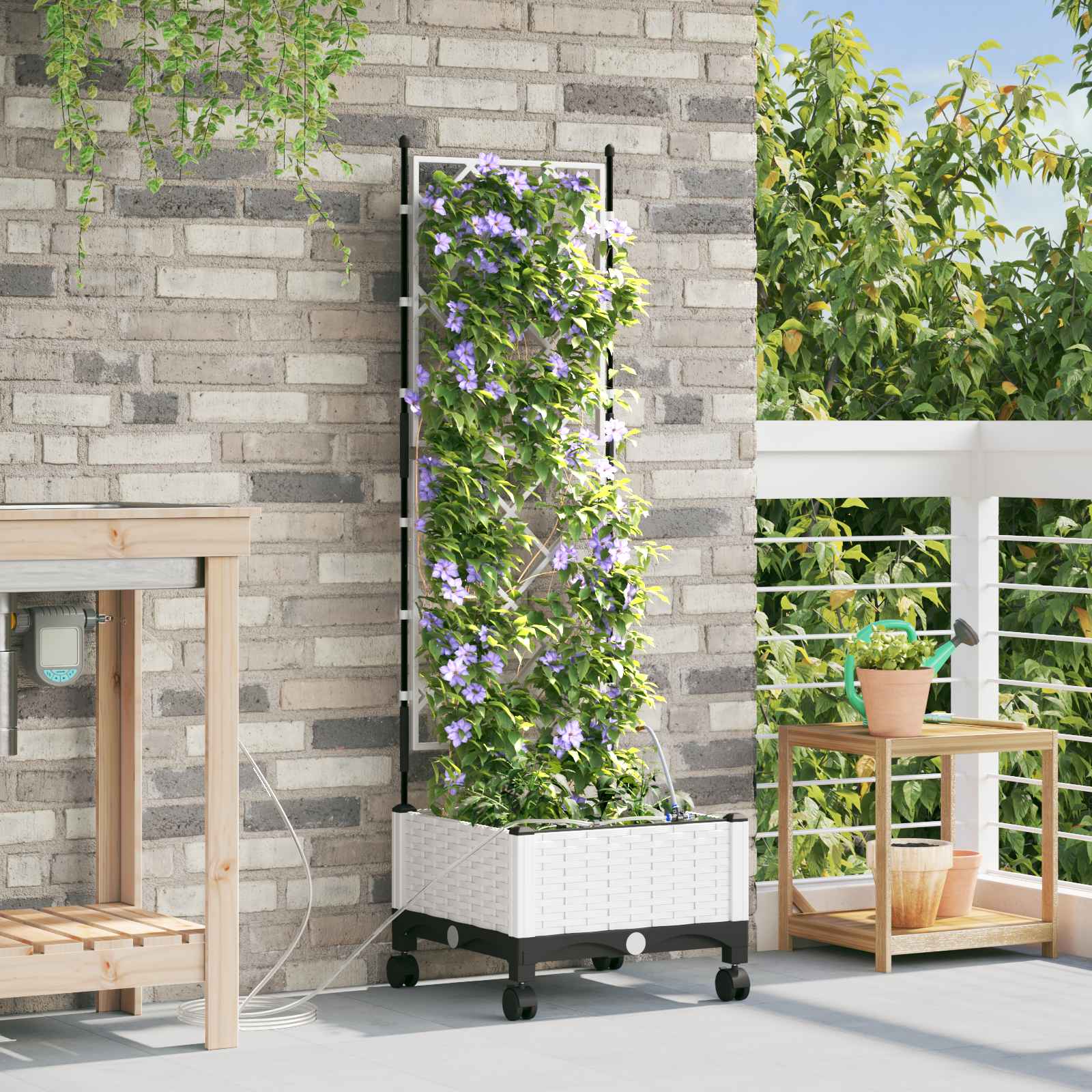 Garten Blumenkübel mit Bewässerung und Rädern Weiß PP