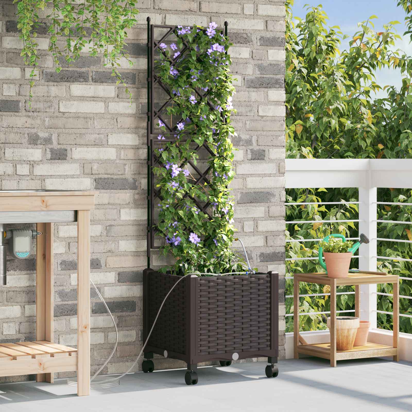 Garten Blumenkübel mit Bewässerung und Rädern Braun PP