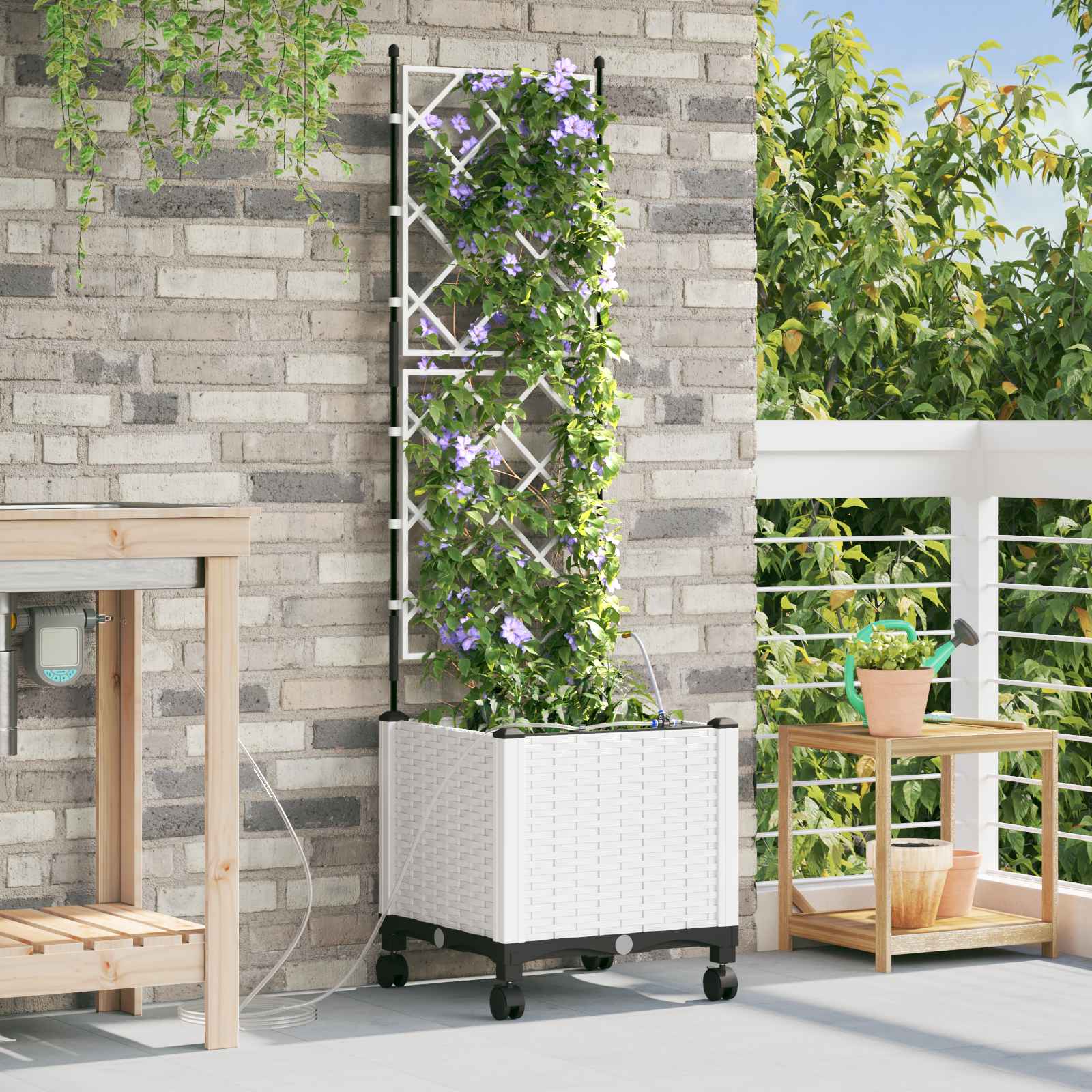 Garten Blumenkübel mit Bewässerung und Rädern Weiß PP