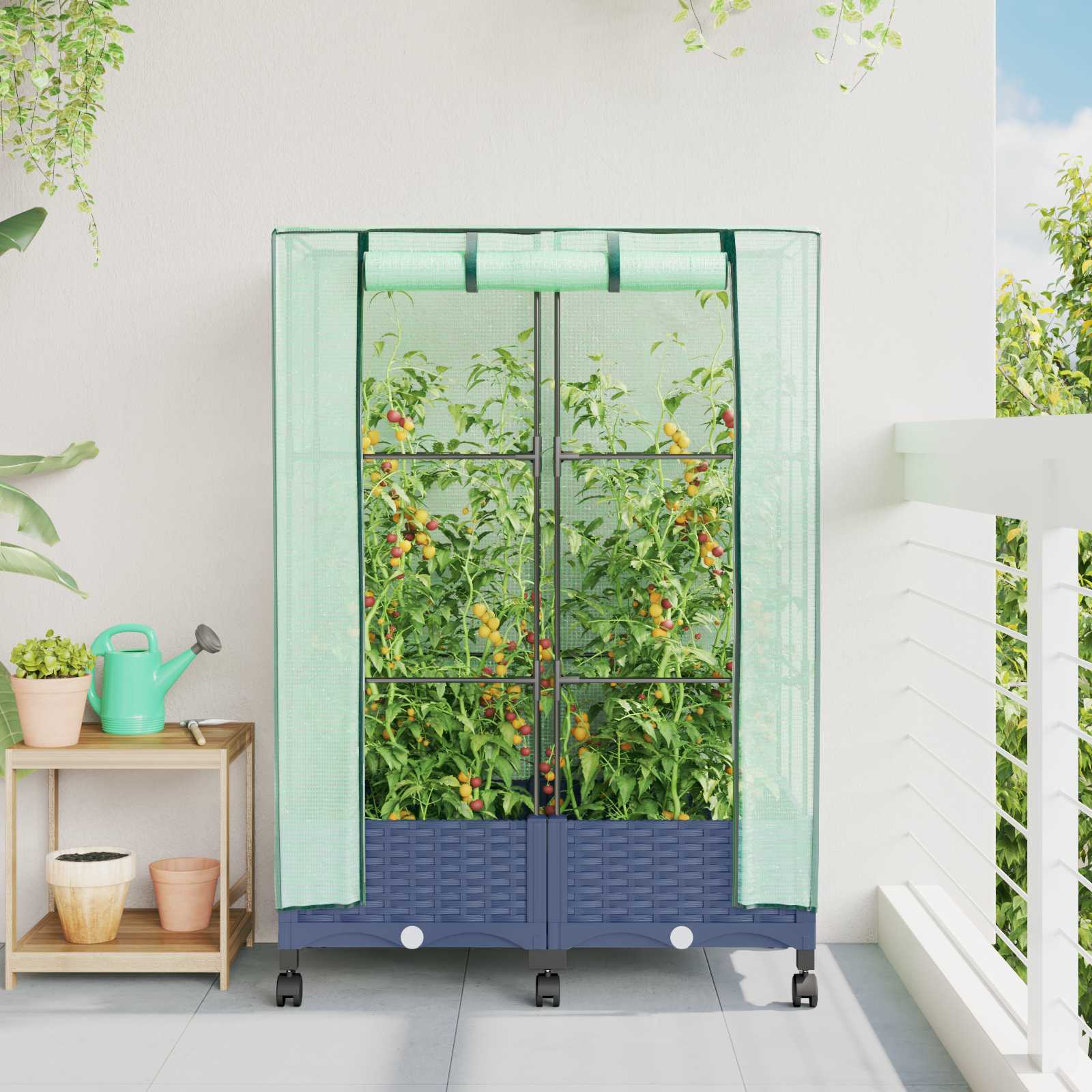 Gartenplanter mit Gewächshausabdeckung und Rädern 2 stk. PP