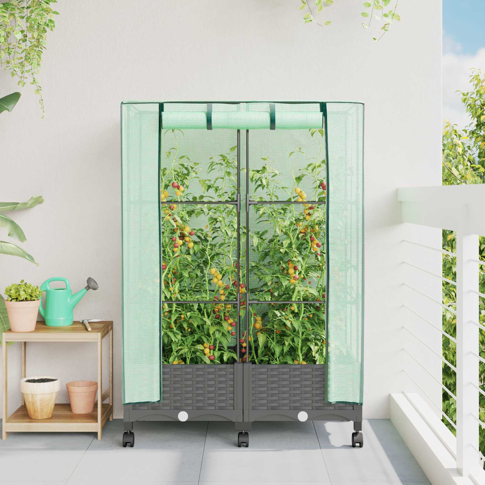 Gartenplanter mit Gewächshausabdeckung und Rädern 2 stk. PP