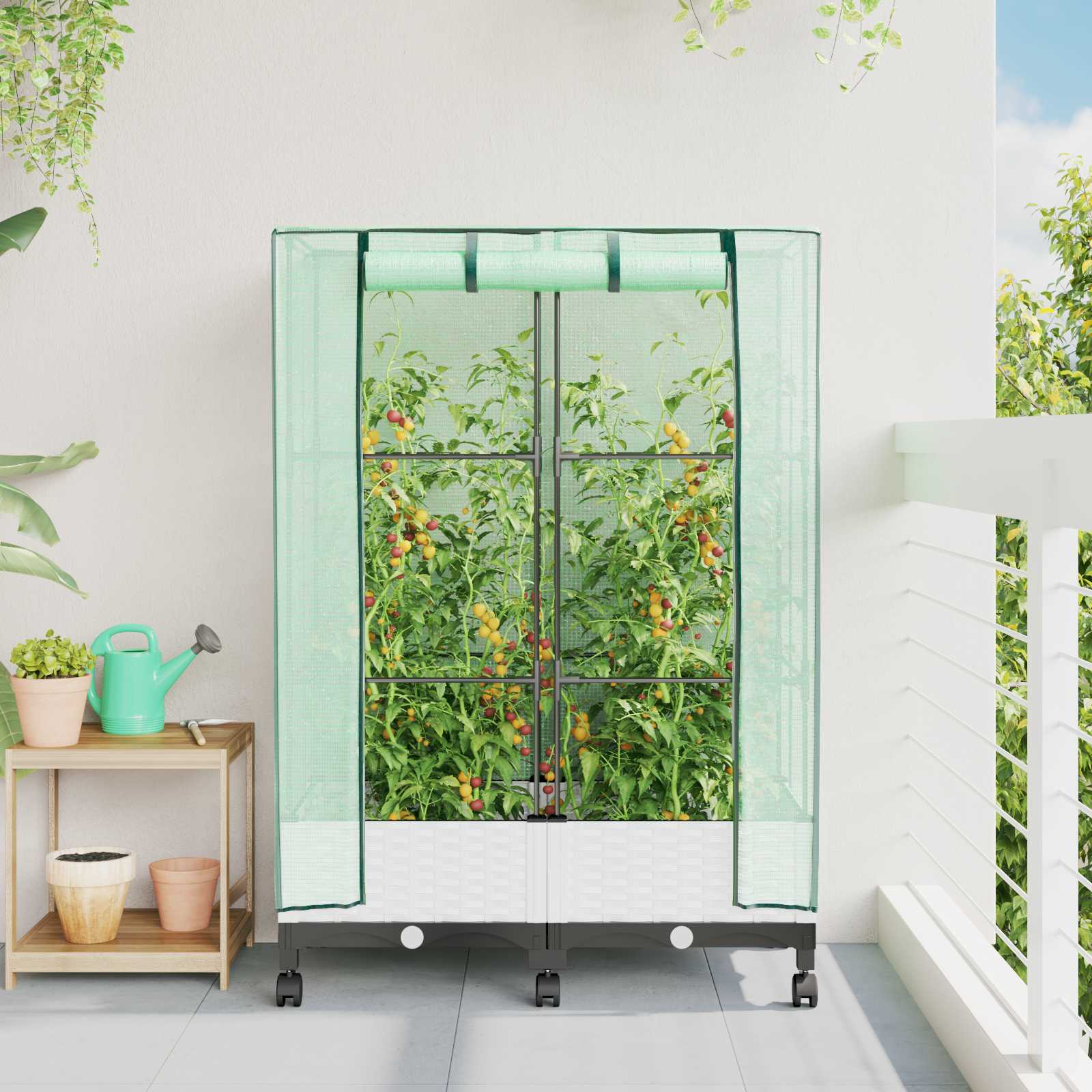 Gartenplanter mit Gewächshausabdeckung und Rädern 2 stk. Weiß