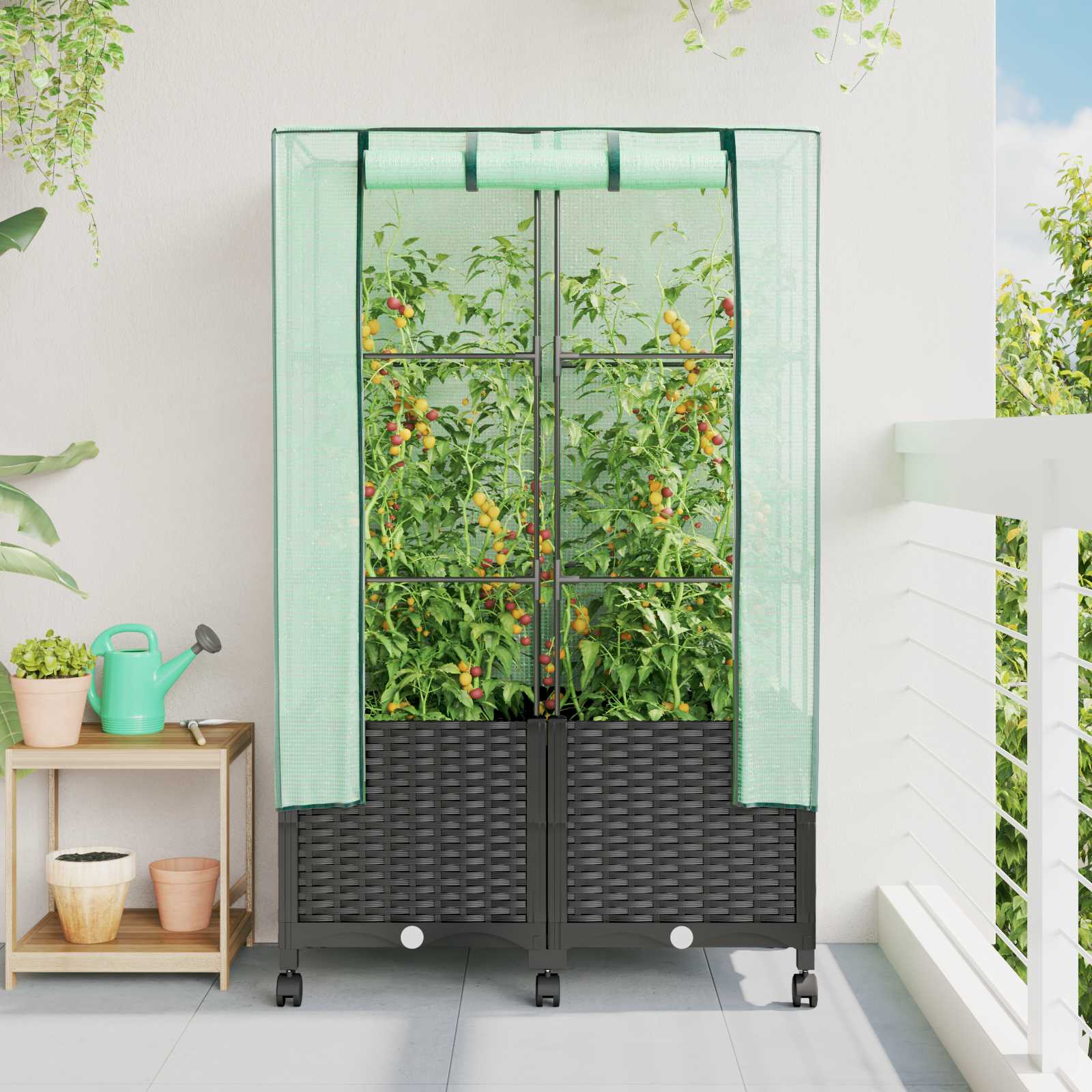 Gartenplanter mit Gewächshausabdeckung und Rädern 2 stk. PP
