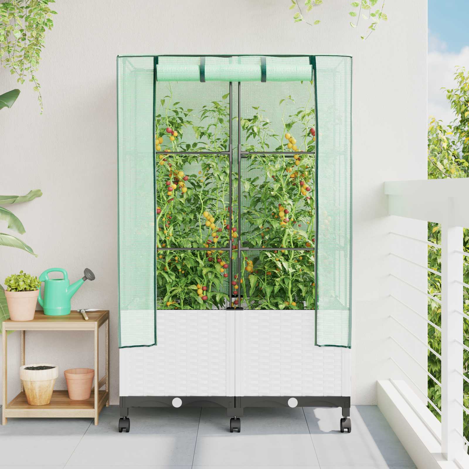 Gartenplanter mit Gewächshausabdeckung und Rädern 2 stk. Weiß