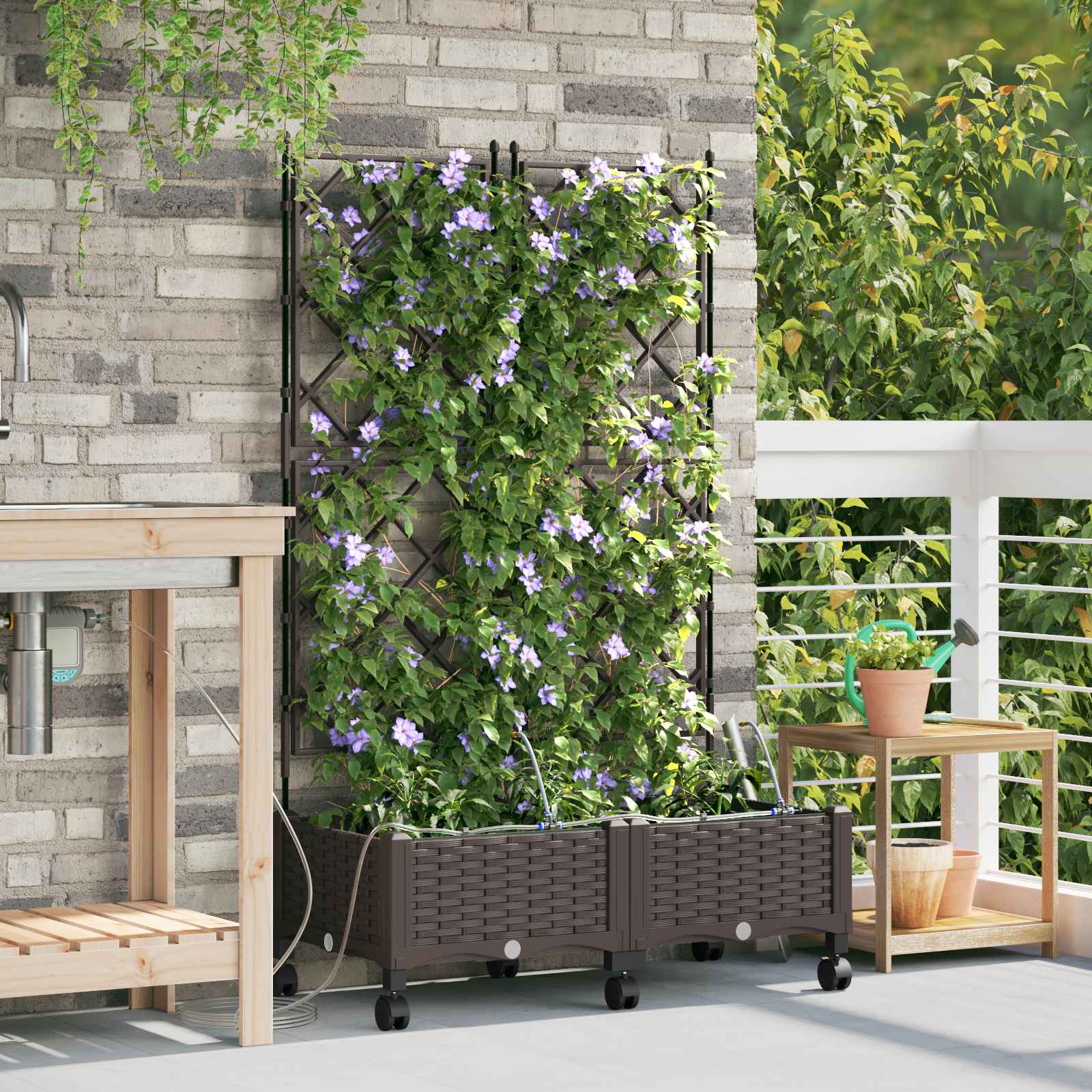 Garten Blumenkübel mit Bewässerung und Rädern 2 Stk. Braun PP