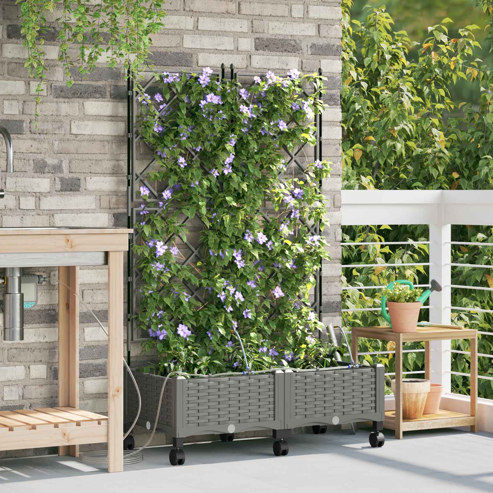 Garten Blumenkübel mit Bewässerung und Rädern 2 Stk. Hellgrau
