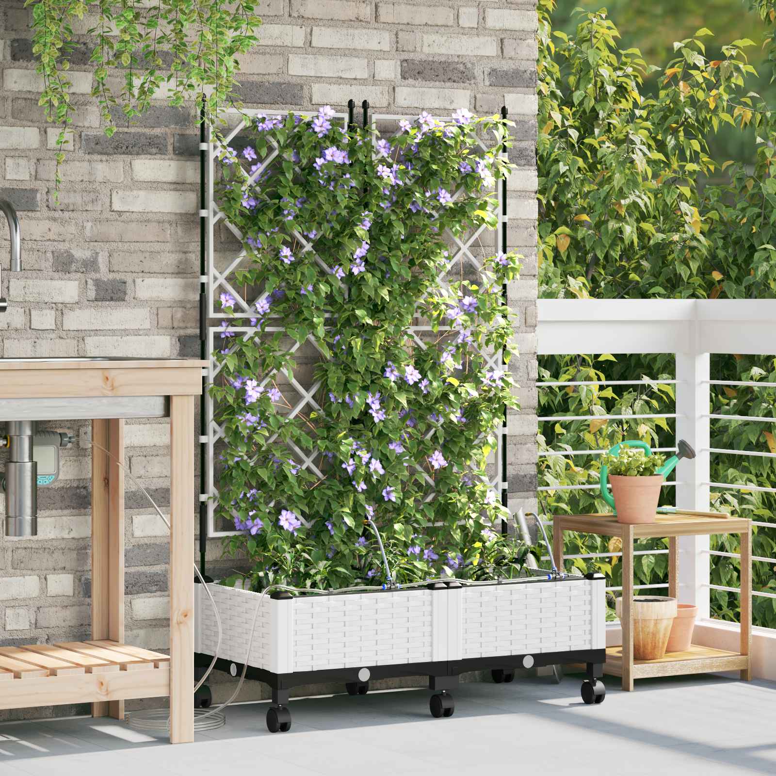 Garten Blumenkübel mit Bewässerung und Rädern 2 Stk. Weiß PP