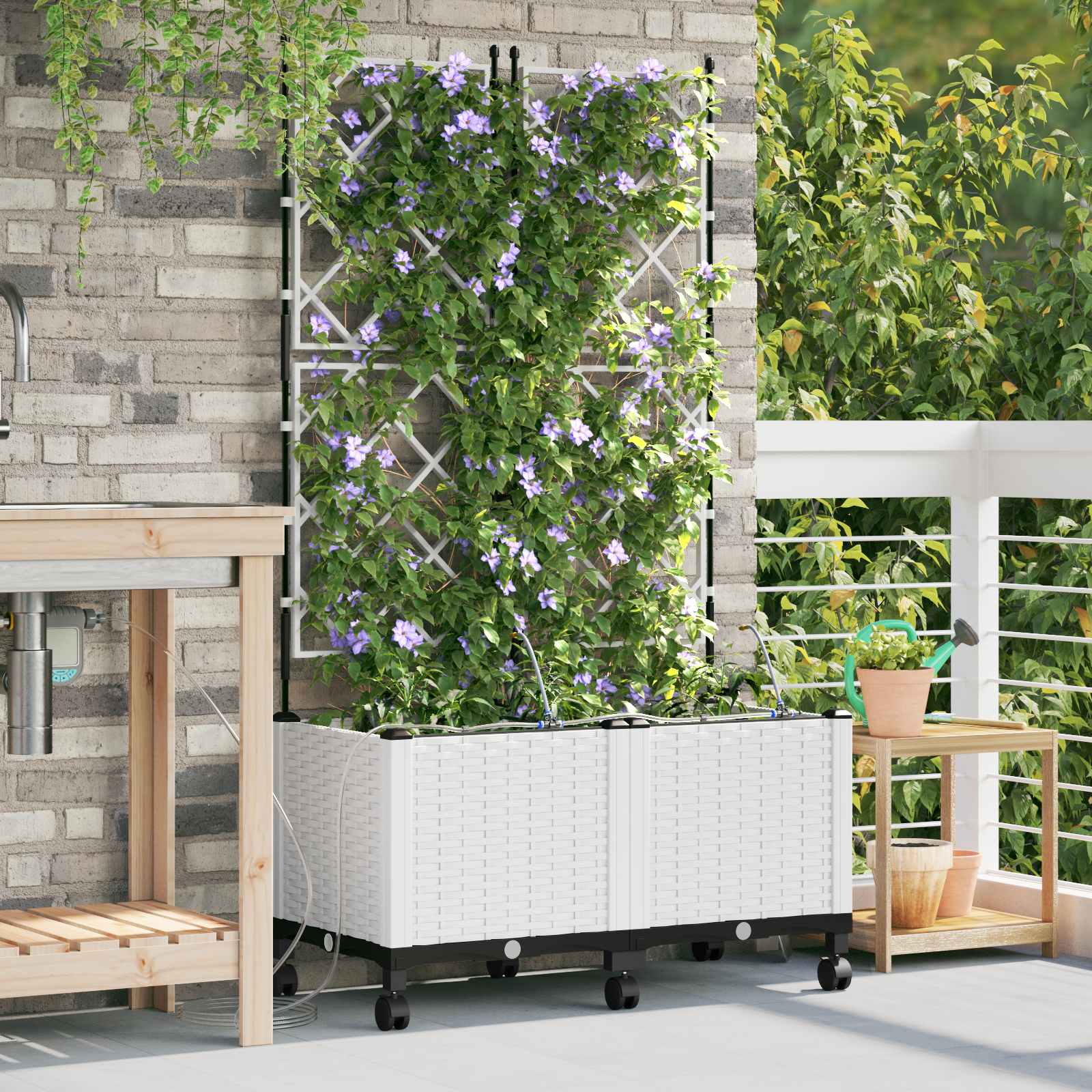 Garten Blumenkübel mit Bewässerung und Rädern 2 Stk. Weiß PP