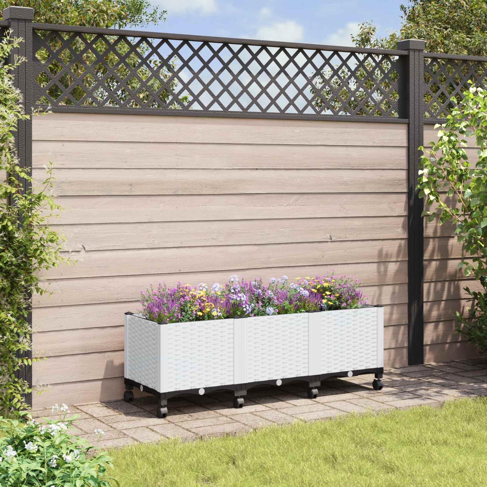 Gartenpflanzer mit Rädern Weiß 120 x 40 x 48 cm PP