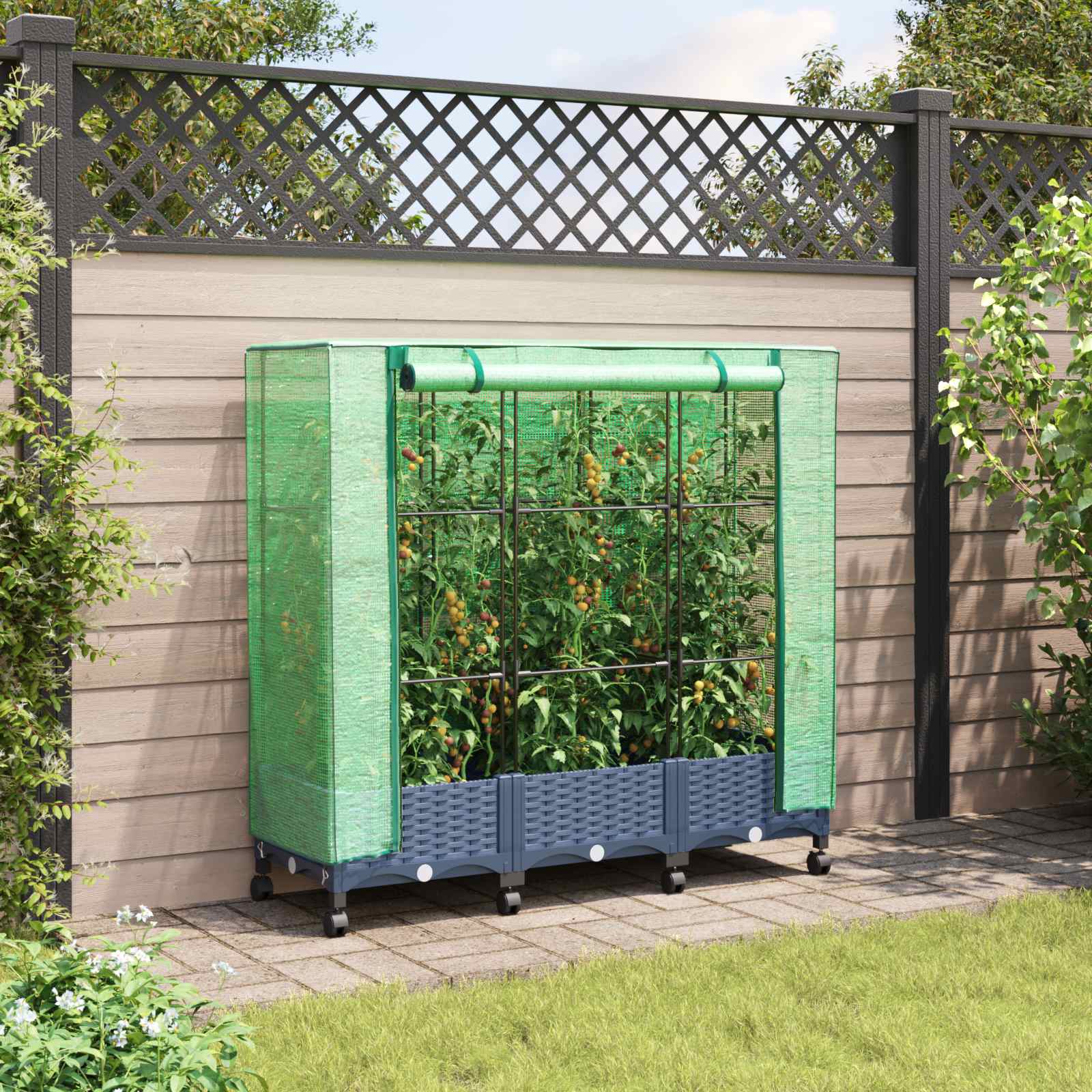 Gartenplanter mit Gewächshausabdeckung und Rädern 3 stk. PP